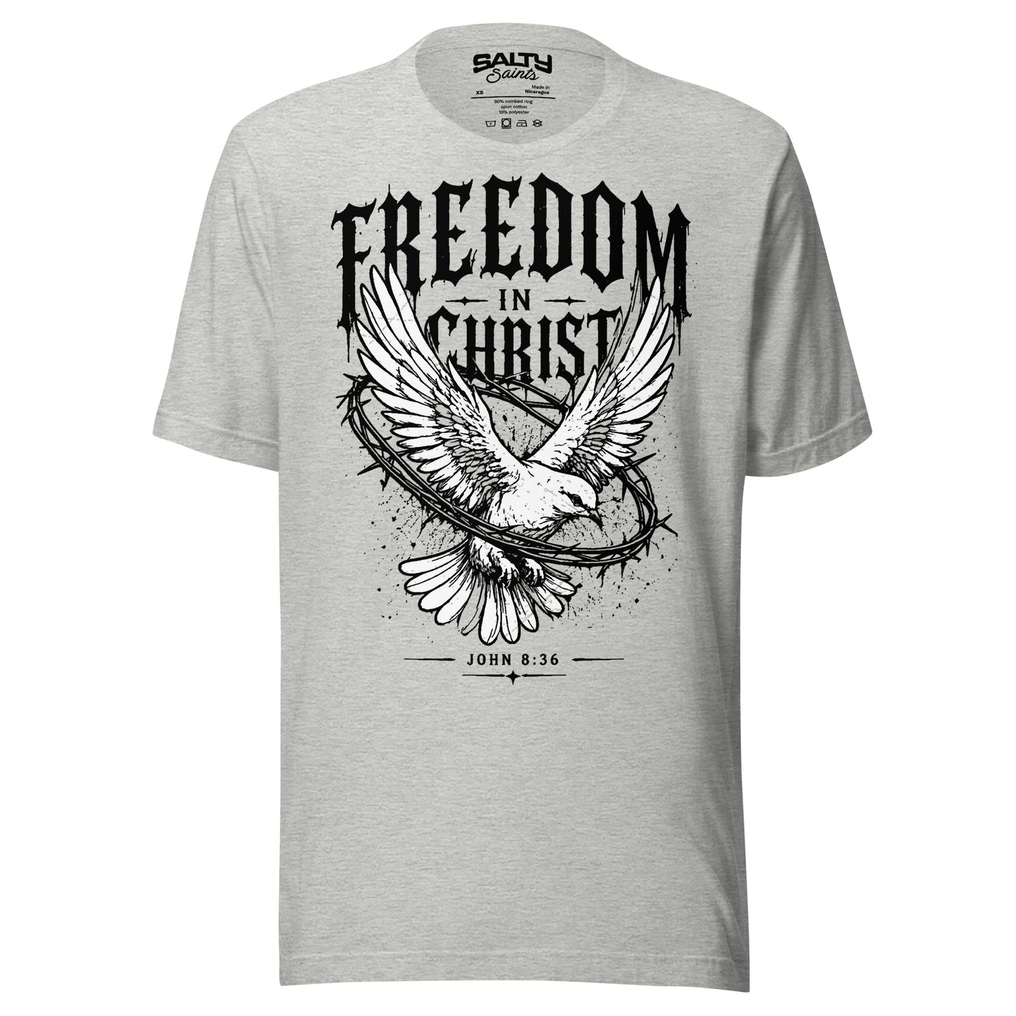 Christian T-shirt featuring a white dove breaking free through a crown of thorns with the words "Freedom In Christ," inspired by John 8:36.