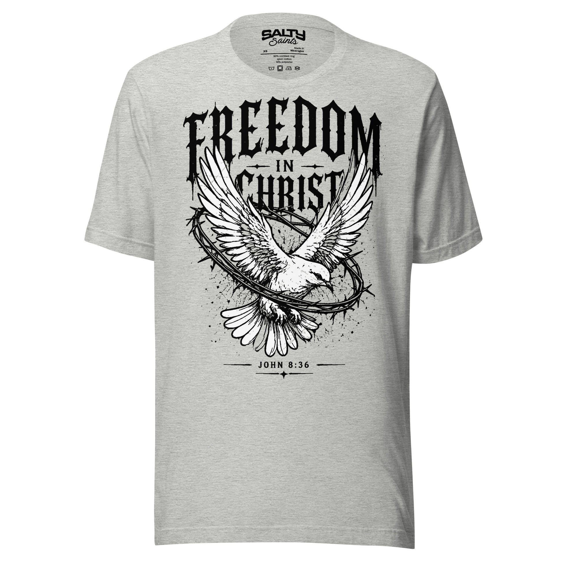 Christian T-shirt featuring a white dove breaking free through a crown of thorns with the words "Freedom In Christ," inspired by John 8:36.