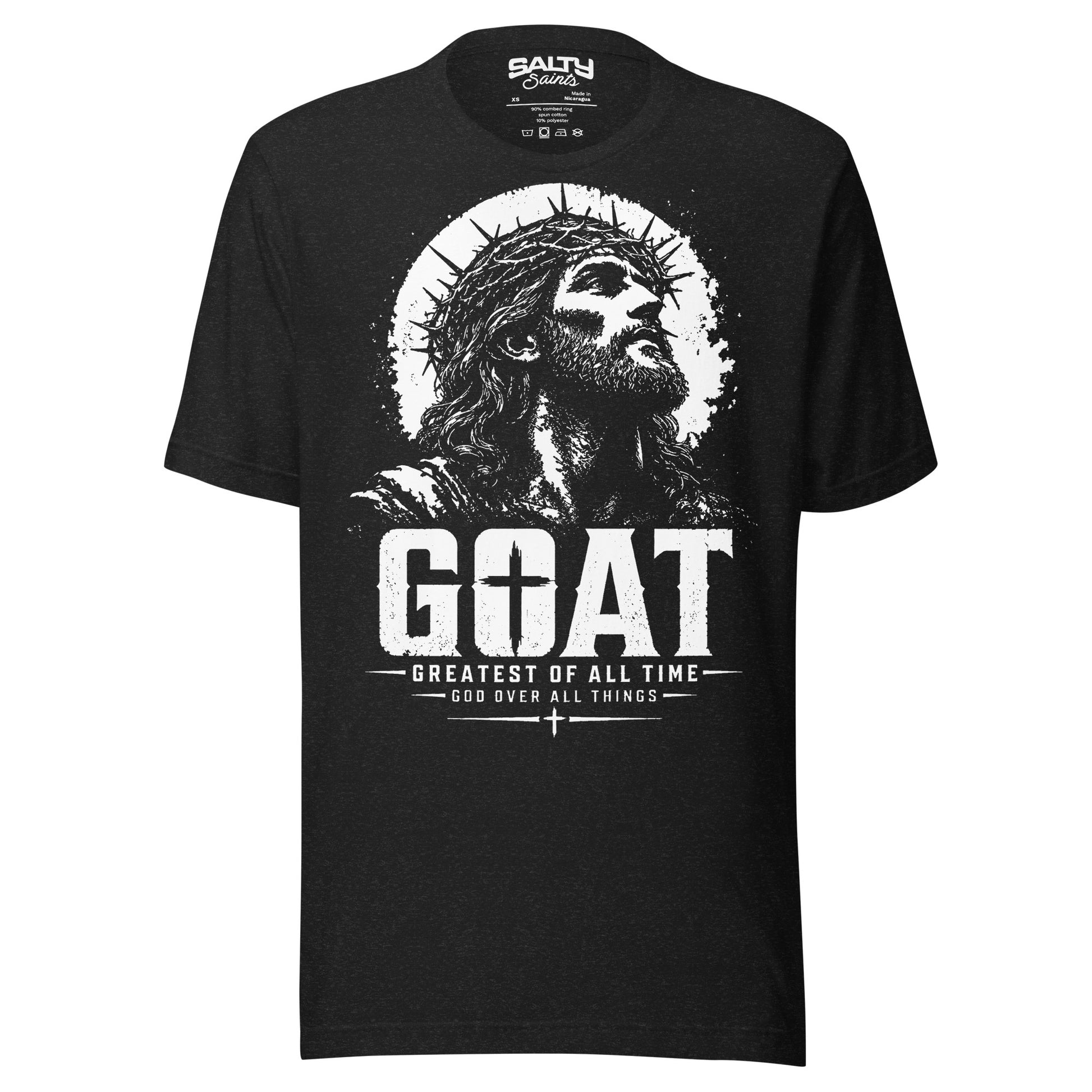 Christian T-shirt featuring Jesus wearing a crown of thorns with the words "G.O.A.T. – Greatest Of All Time – God Over All Things."