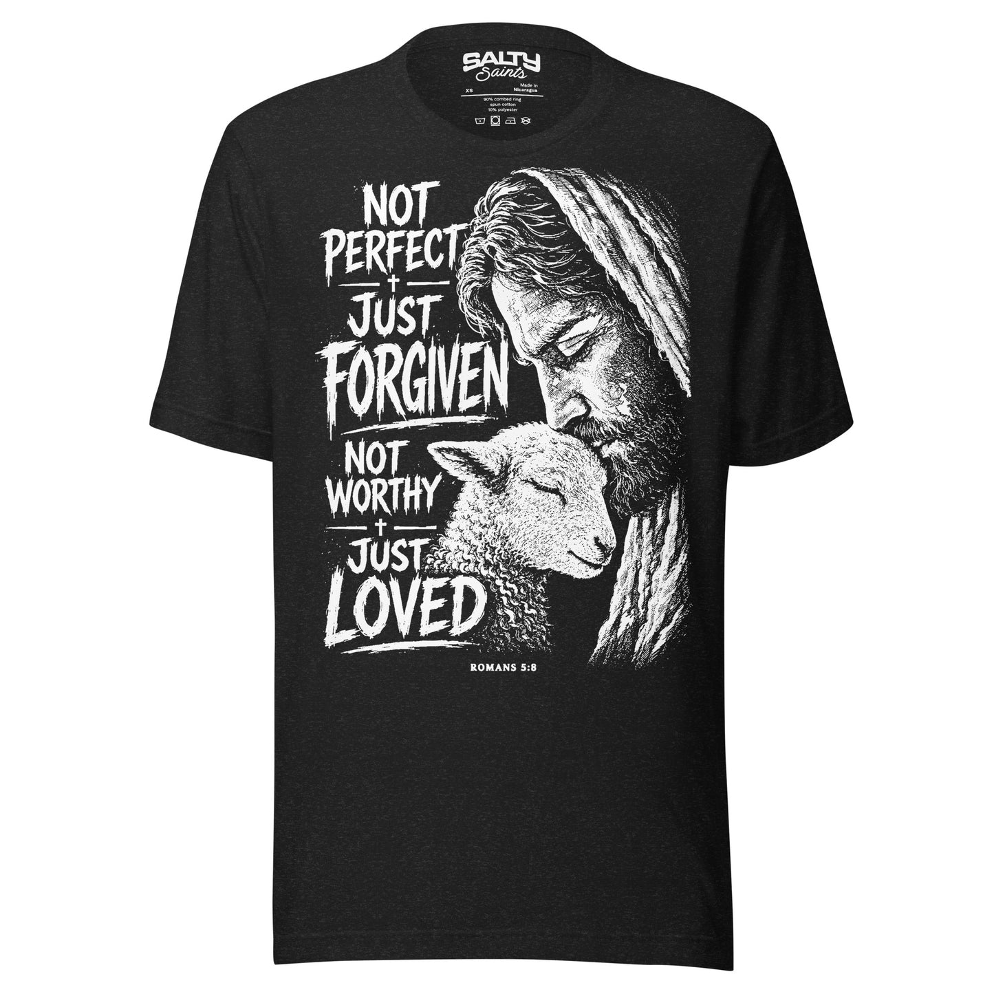 Christian T-shirt featuring Jesus embracing a lamb with the message "Not Perfect. Just Forgiven. Not Worthy. Just Loved." inspired by Romans 5:8.