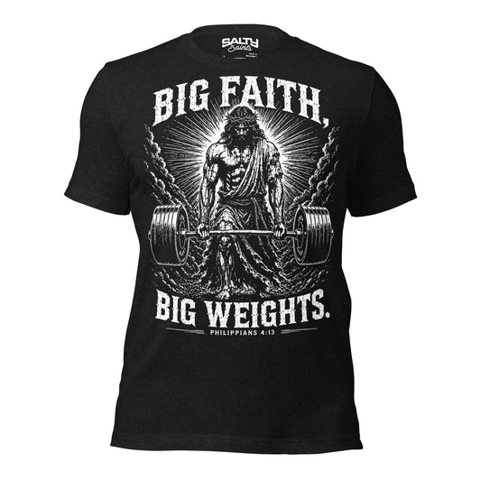 Black Christian fitness T-shirt featuring Jesus deadlifting a heavily loaded barbell with the words "Big Faith, Big Weights" inspired by Philippians 4:13.
