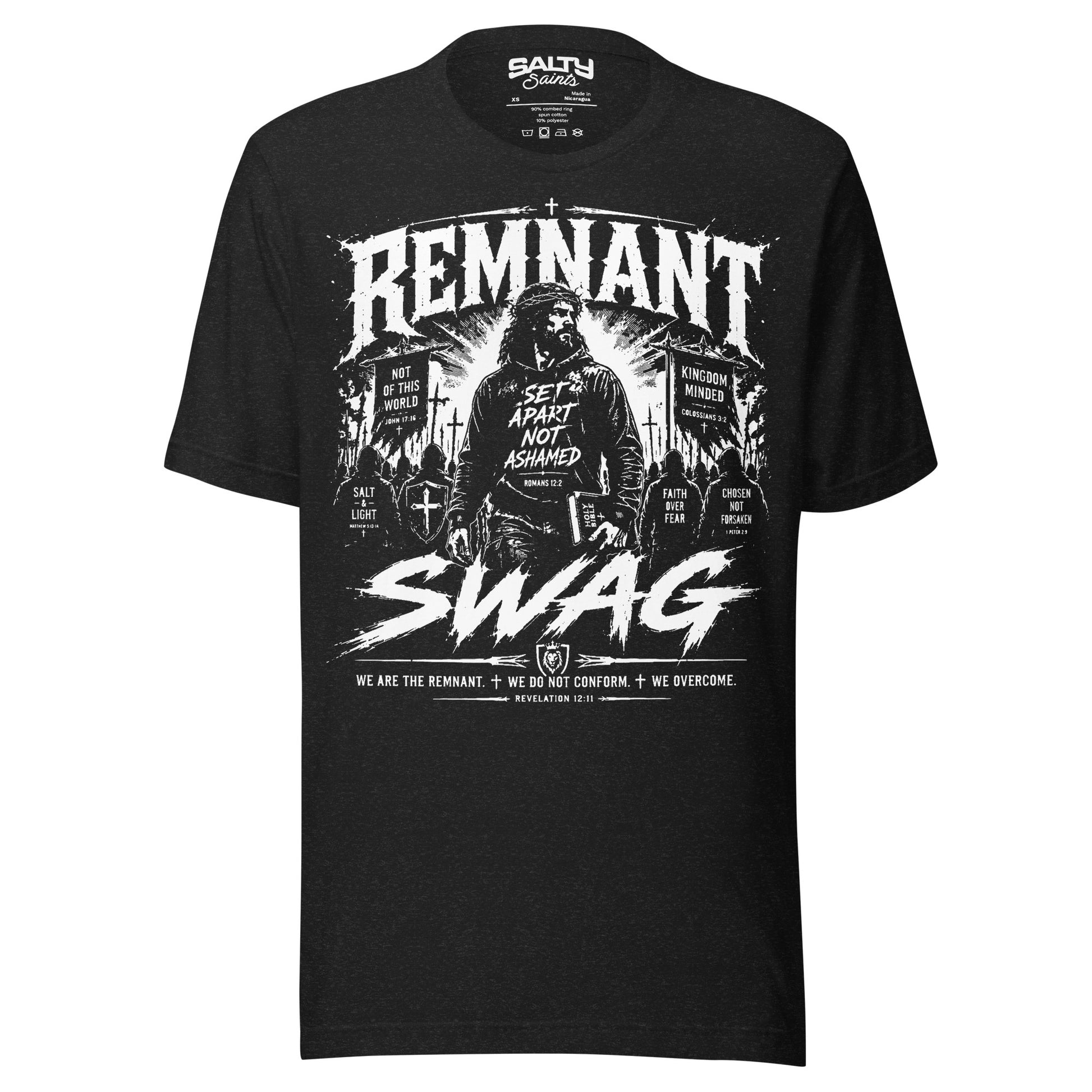 Christian graphic T-shirt featuring a bold disciple carrying a Bible with the statement "Remnant Swag" and biblical messages about being set apart, inspired by Revelation 12:11.