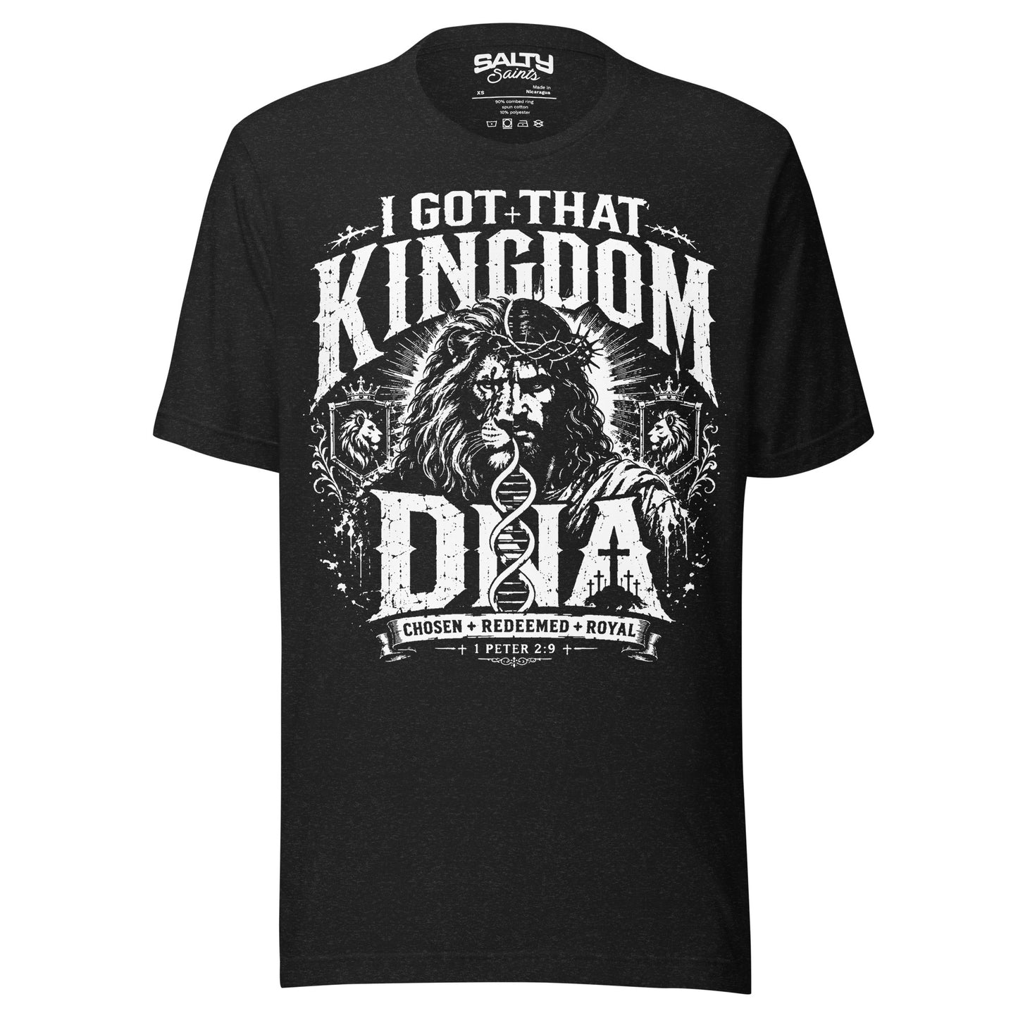 Christian graphic T-shirt featuring Jesus alongside a DNA helix with the statement "I Got That Kingdom DNA" inspired by 1 Peter 2:9.