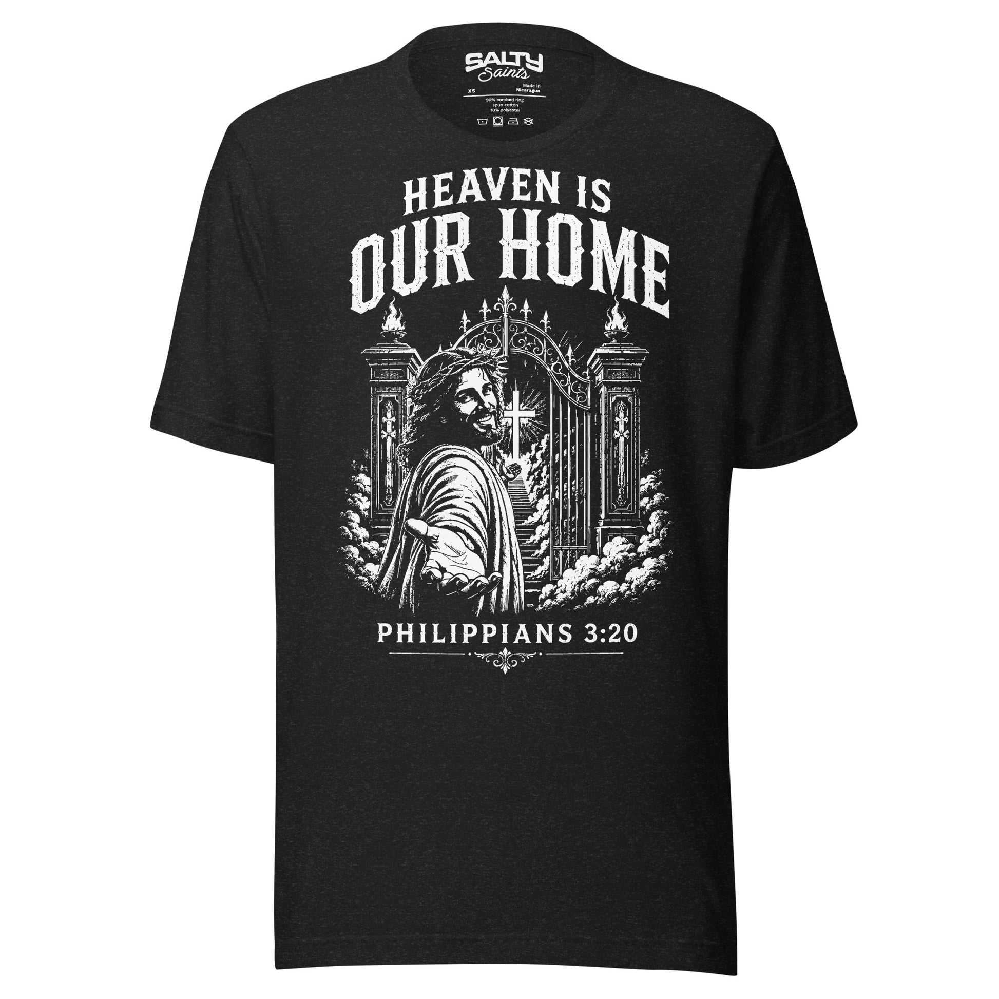 Christian graphic T-shirt featuring Jesus welcoming believers at Heaven's gates with the statement "Heaven Is Our Home" inspired by Philippians 3:20.