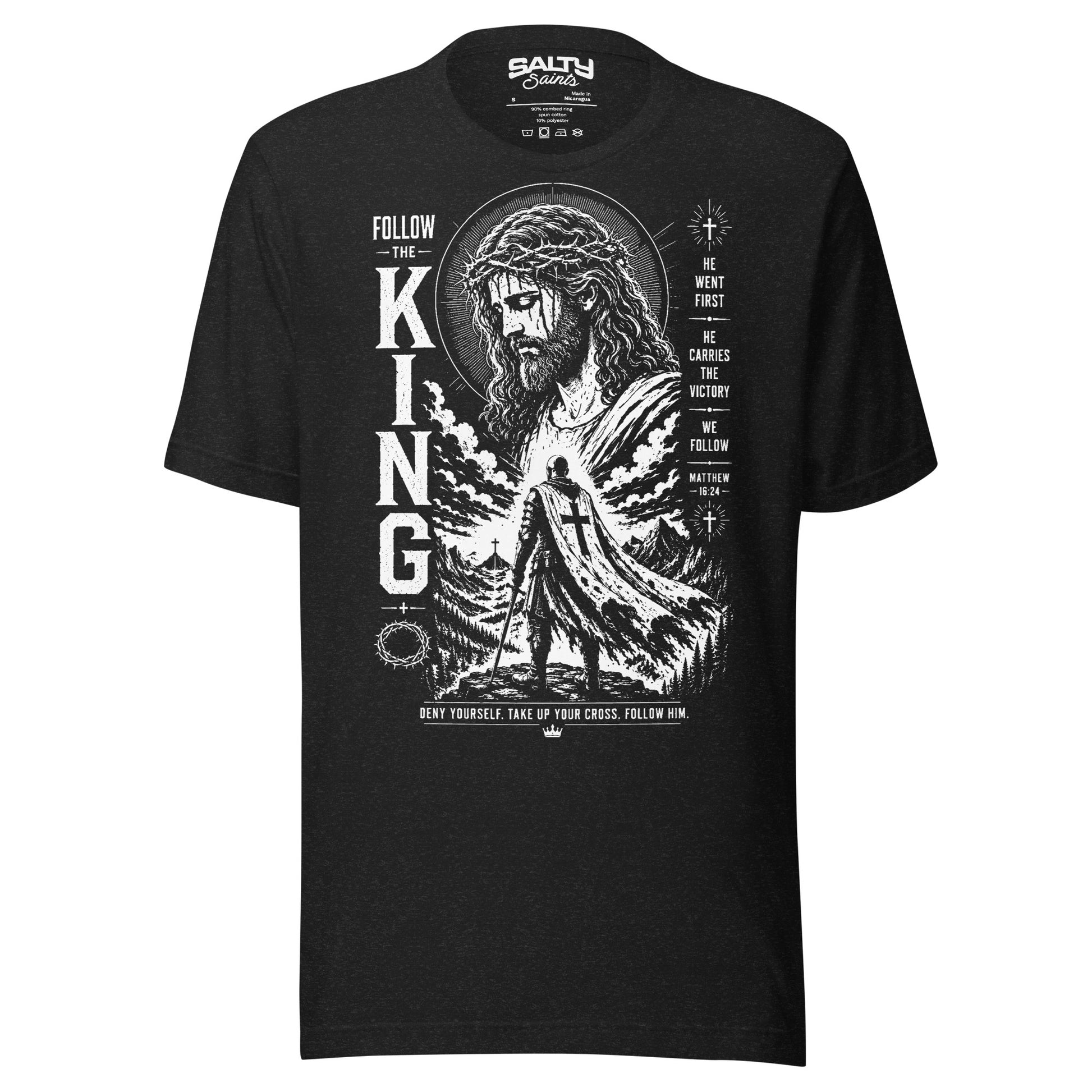 Black Christian T-shirt featuring Jesus leading a believer carrying his cross with the words "Follow The King" inspired by Matthew 16:24.