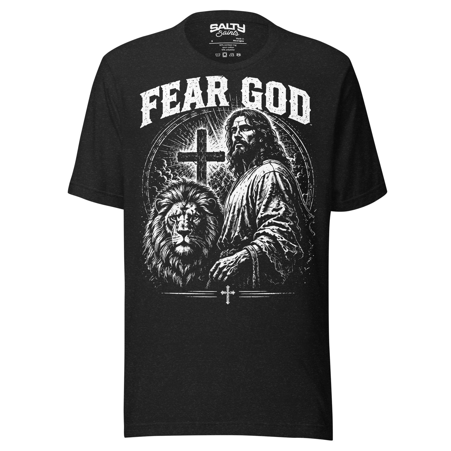 Black Christian T-shirt featuring Jesus standing beside the Lion of Judah with a cross behind them and the words "Fear God."