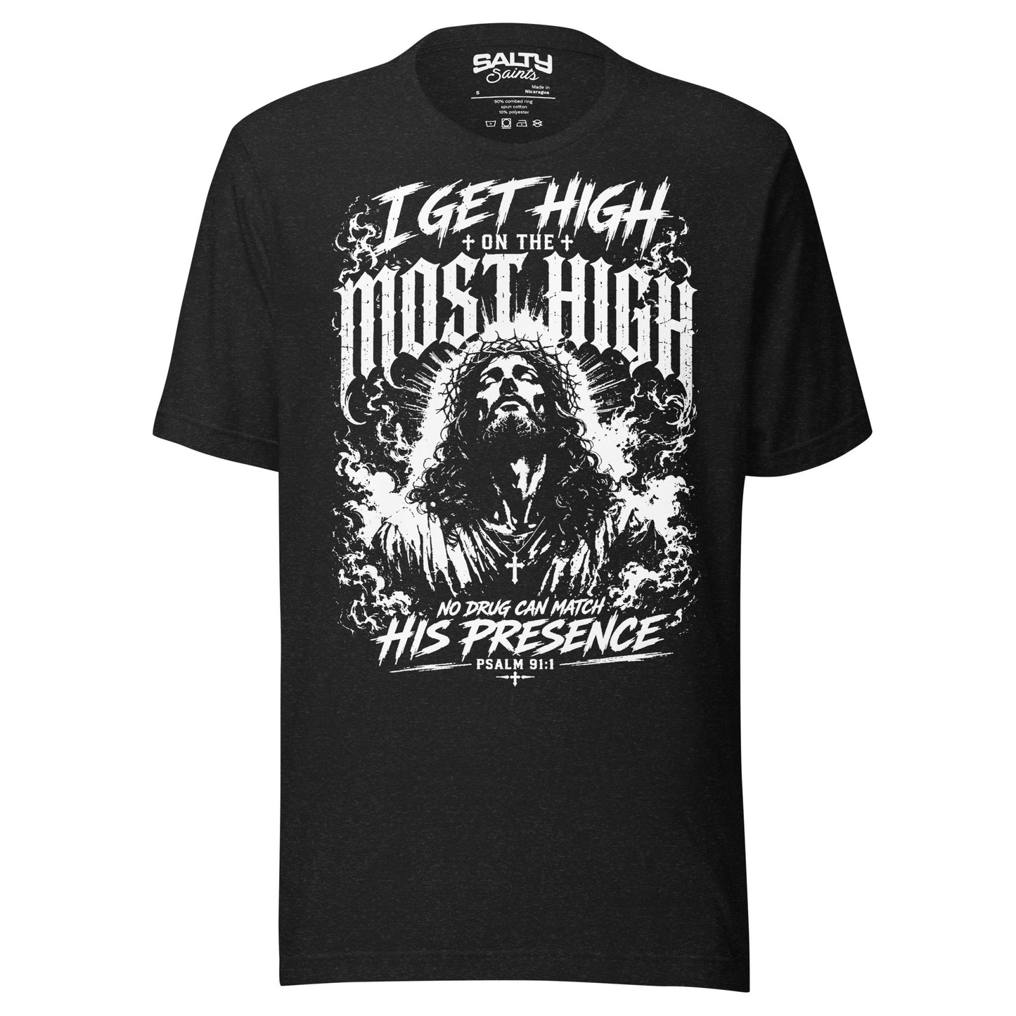 Black Christian T-shirt featuring Jesus with the phrase "I Get High On The Most High" and Psalm 91:1 in a bold black-and-white graphic design.