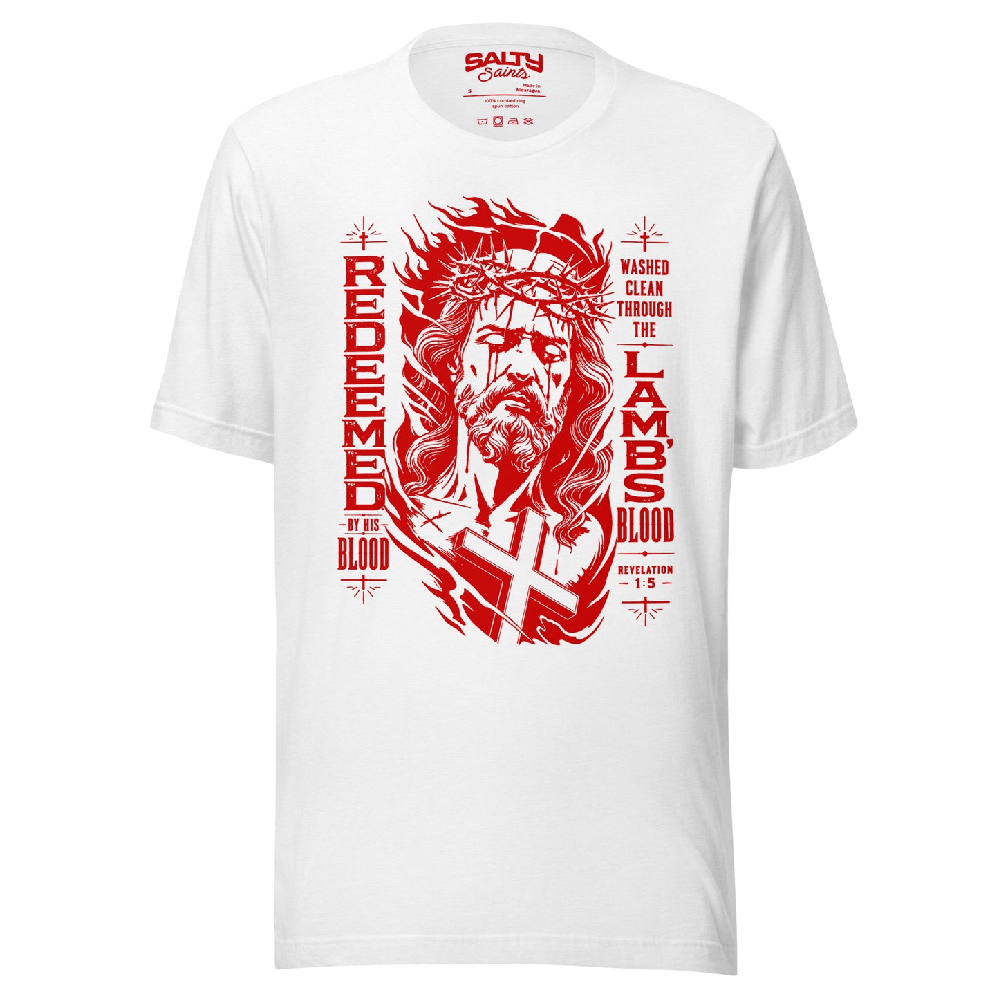 White Christian T-shirt featuring a bold red illustration of Jesus with a crown of thorns and the words "Redeemed By His Blood" inspired by Revelation 1:5.