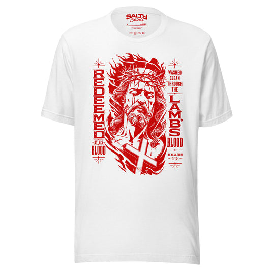 White Christian T-shirt featuring a bold red illustration of Jesus with a crown of thorns and the words "Redeemed By His Blood" inspired by Revelation 1:5.